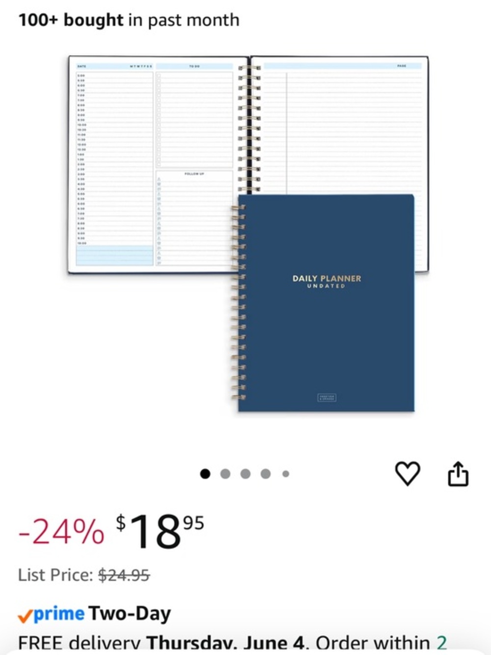 Daily Planner Undated - Navy Blue Spiral Notebook